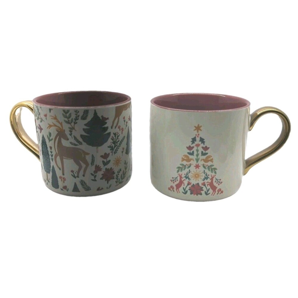 Joanne's Place & Time, Gold Handle Doves & Deers White with Christmas Tree Cups